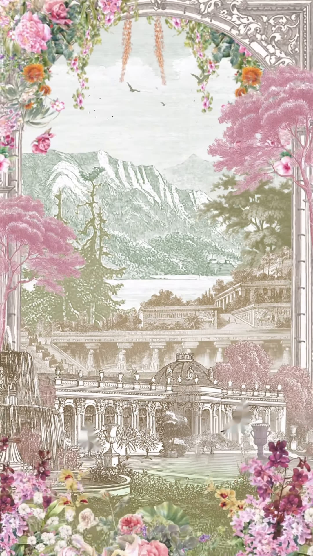 Garden arch with pink blossoms, a lake and mountains